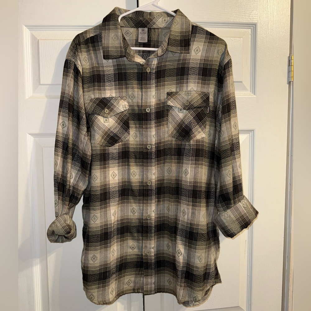 Hurley Black and Cream Plaid Flannel Shirt